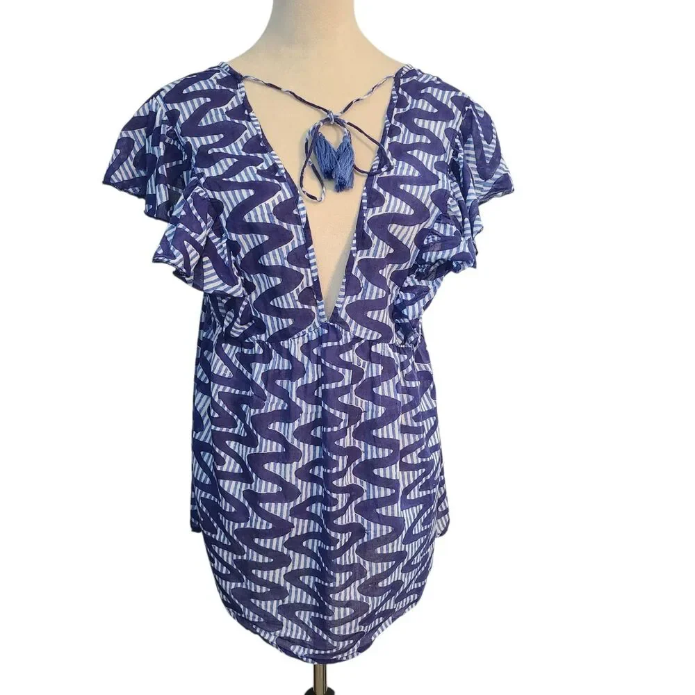 Oliphant Blue White Wave Stripe Flutter Sleeve Top Boho Coastal Tassel Tunic M - Picture 2 of 9